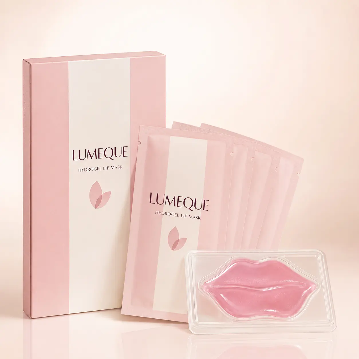 Lumeque Hydrogel Lip Mask carton, single-use sachets and rose-pink lip patch tray
