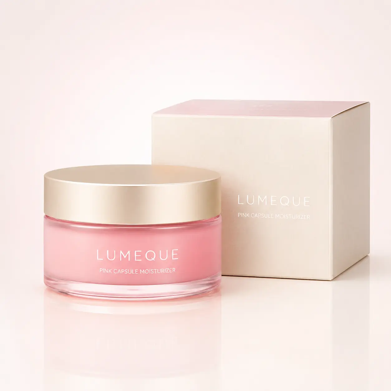 Lumeque Pink Capsule Moisturizer jar and carton on an ivory studio background