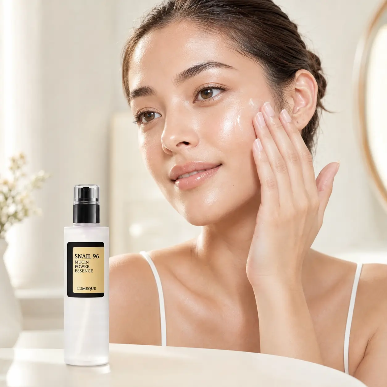 Adult model gently patting Lumeque Snail 96 Serum into her skin