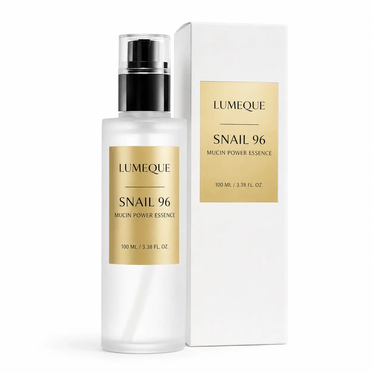 Lumeque Snail 96 Serum bottle and carton on a warm ivory background