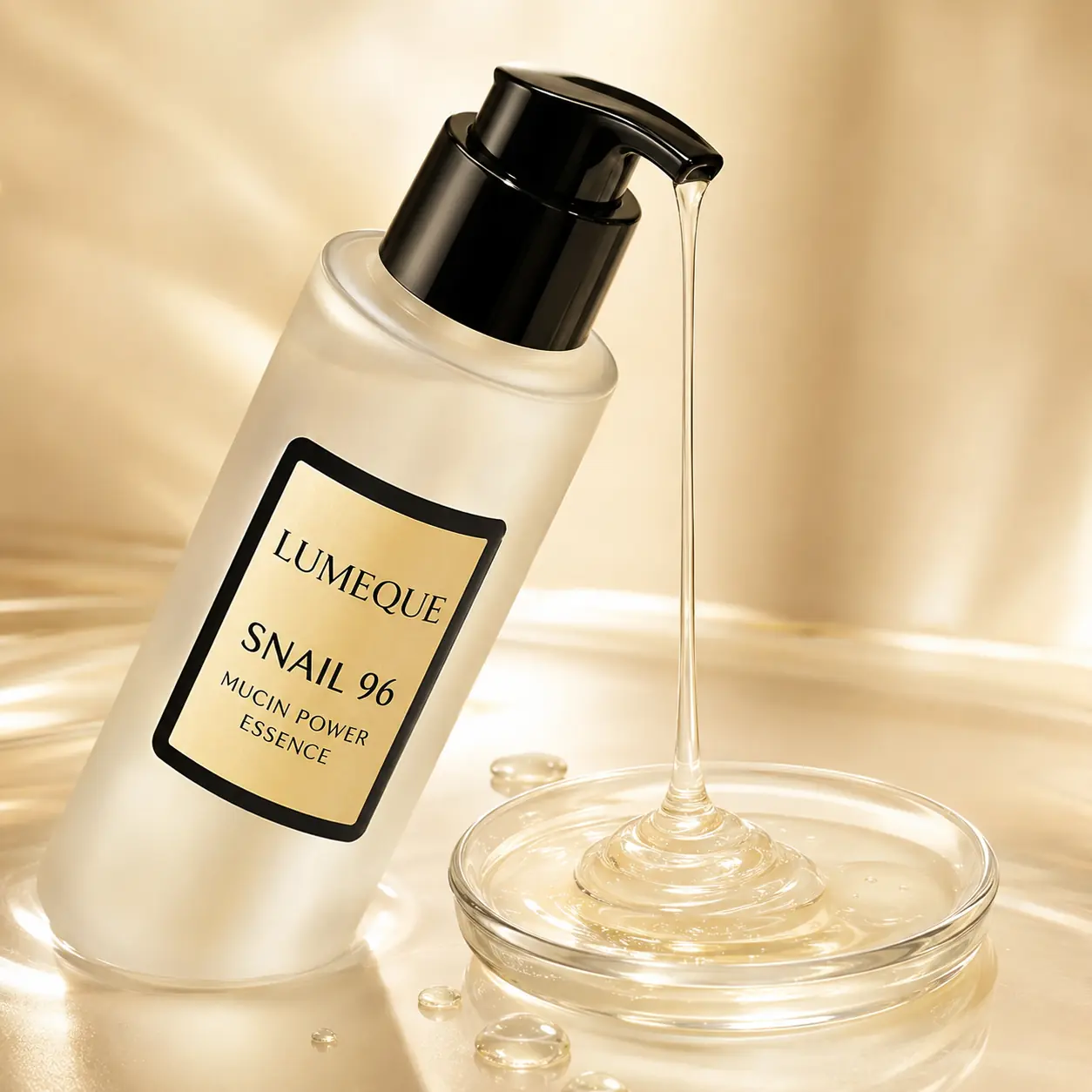 Lumeque Snail 96 Serum pump dispensing a glossy lightweight texture